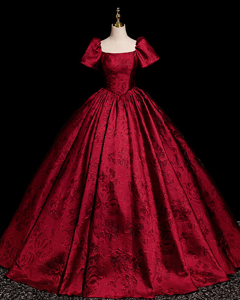 Wine Red Satin Short Sleeves Long Evening Dress, Wine Red Satin Prom Dress Party Dress